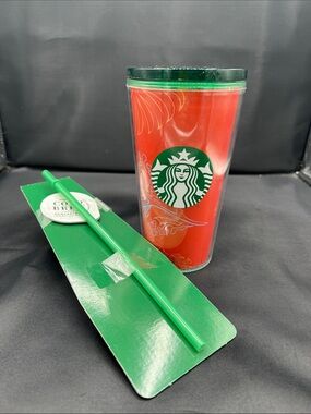 Starbucks Red Tumbler with Green Lid and Straw Cold Brew.